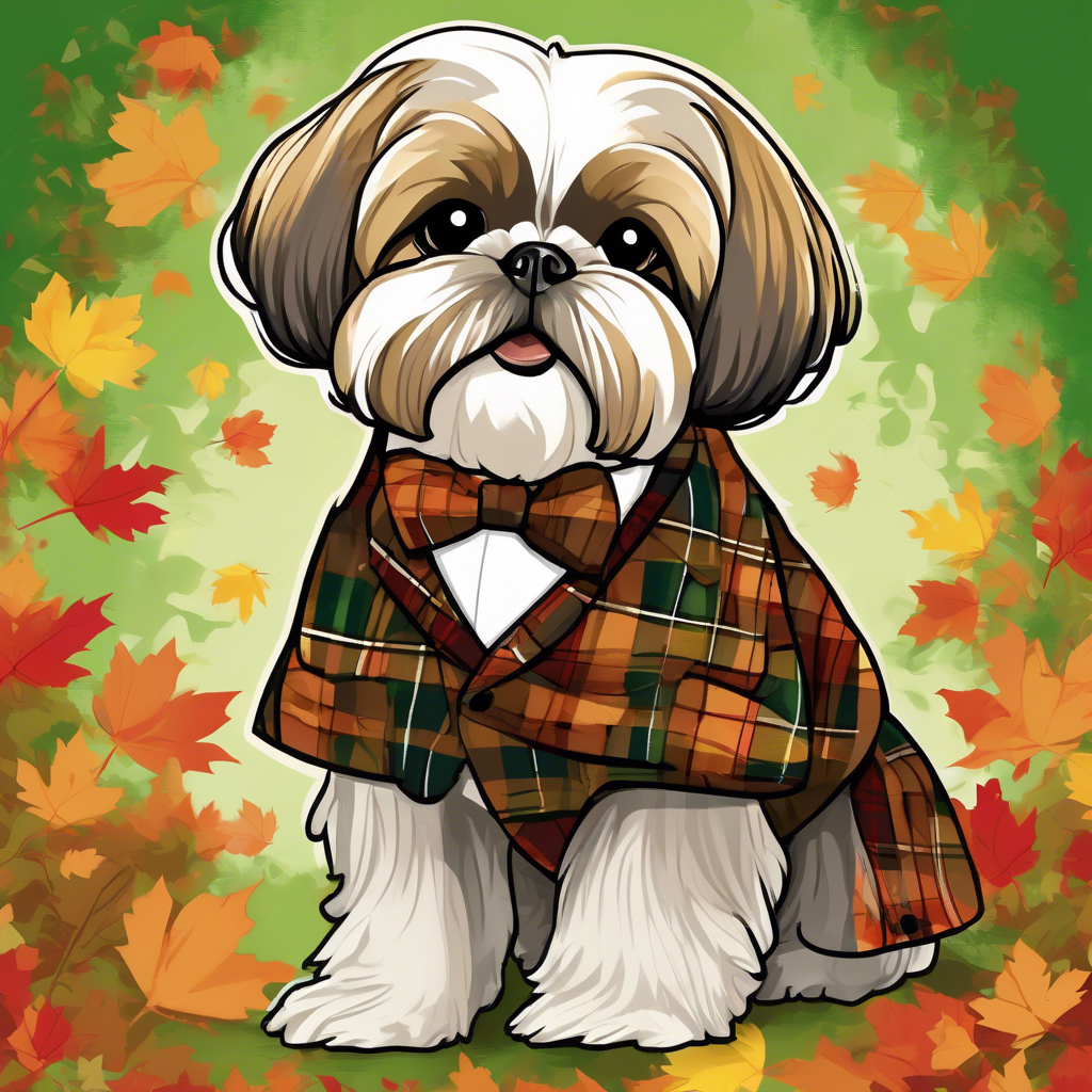 Shih Tzu in plaid coat struts across park with autumn leaves in afternoon sunlight