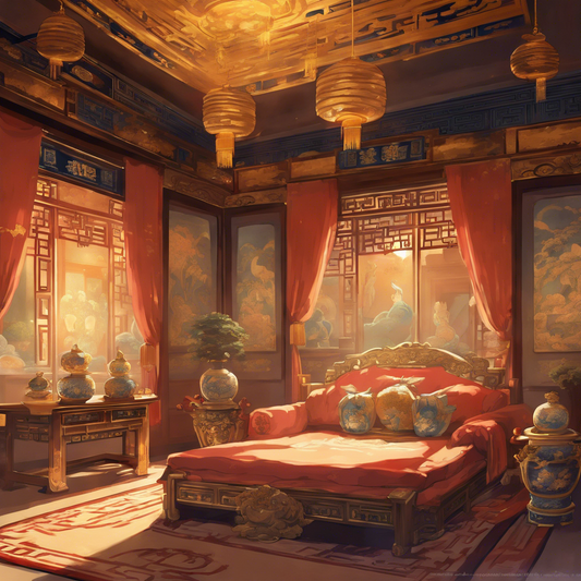 Regal Chinese palace room with golden crown, silk accents, ancient vases, and Fu dog statues