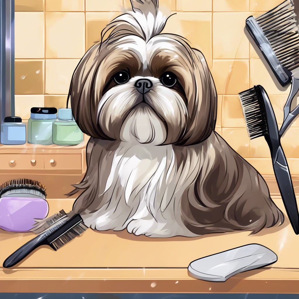 Shih Tzu relaxing on grooming table in luxurious salon with premium grooming tools