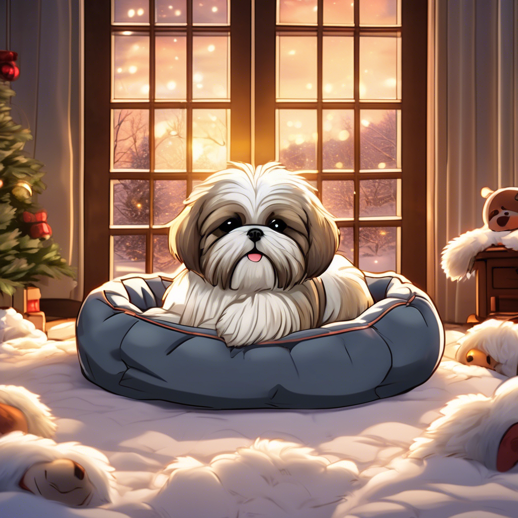 Shih Tzu resting in plush bed with winter window backdrop in cozy living room