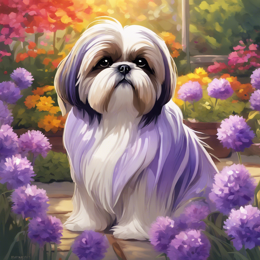 Colorful Shih Tzu in a flower garden, displaying rare lavender coat in golden sunlight