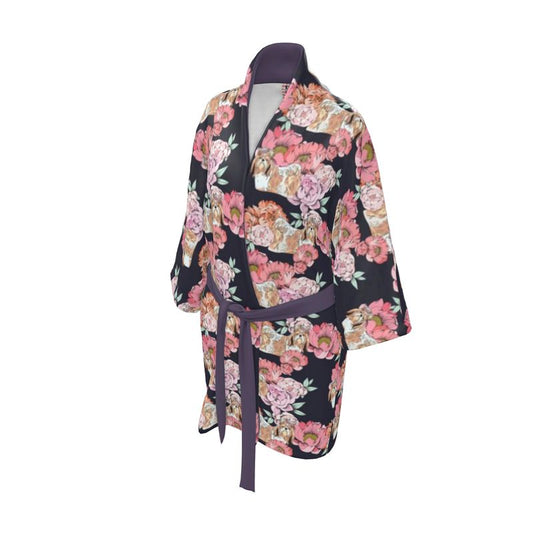 Shih Tzu and Pink Flowers Kimono