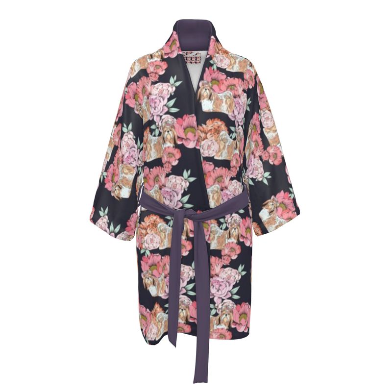 Shih Tzu and Pink Flowers Kimono