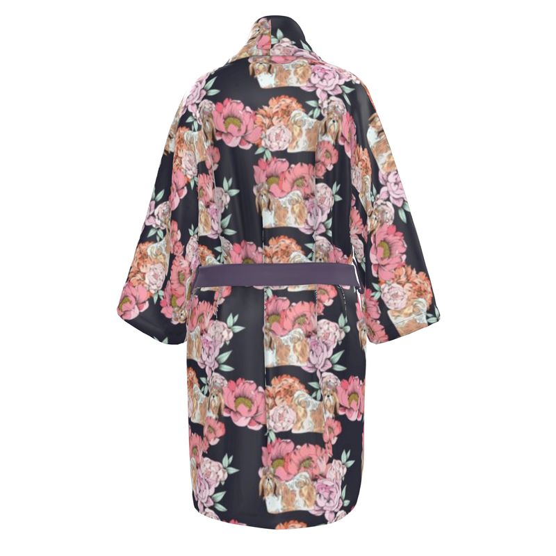 Shih Tzu and Pink Flowers Kimono