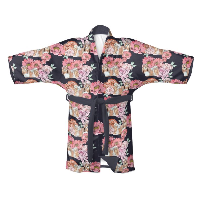 Designer Kimono Robe with Shih Tzu and Pink Peonies Pattern