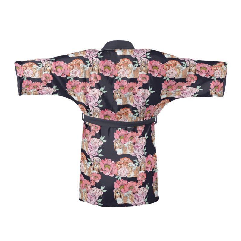 Designer Kimono Robe with Shih Tzu and Pink Peonies Pattern