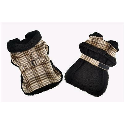 Sherpa Lined Dog Harness Coat - Brown and White Plaid with Matching Leash