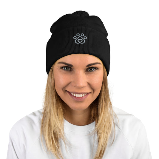 Pawprint Heart Embroidered Pom-Pom Beanie