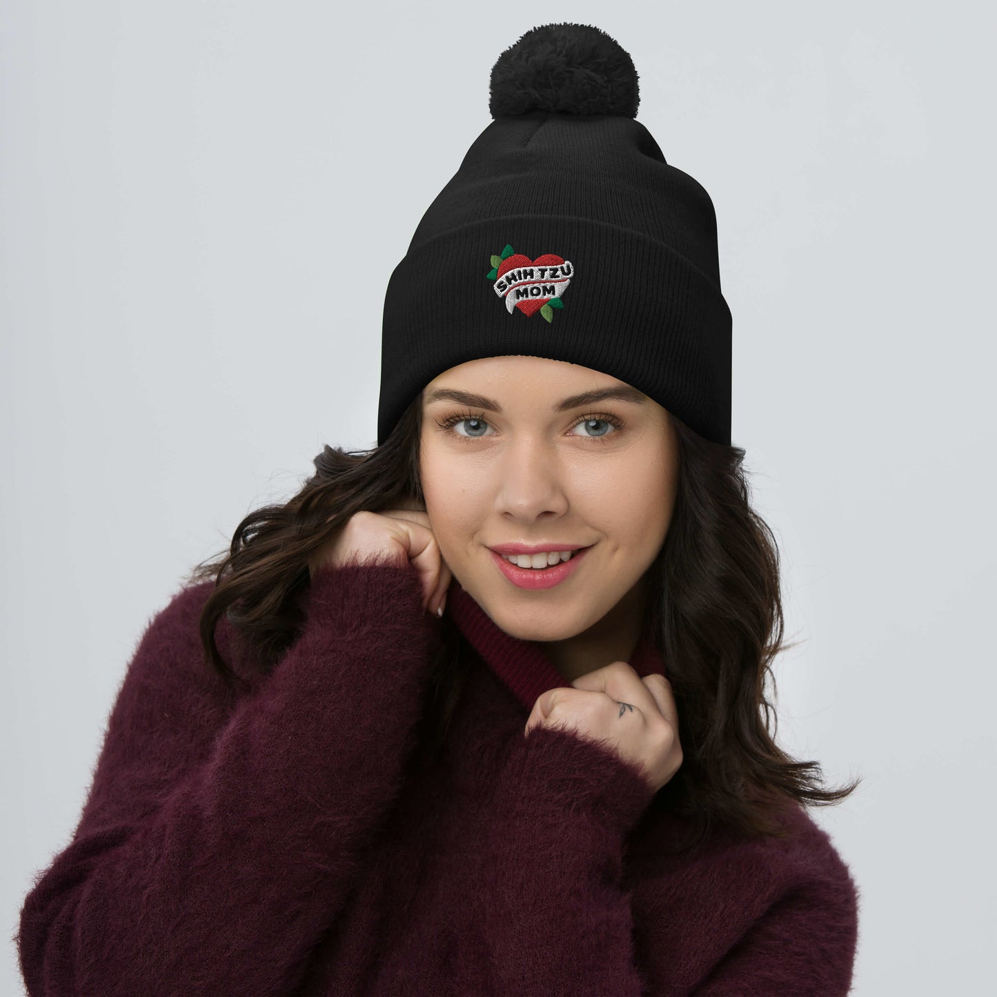 Shih Mom Tattoo Heart Embroidered Pom-Pom Beanie