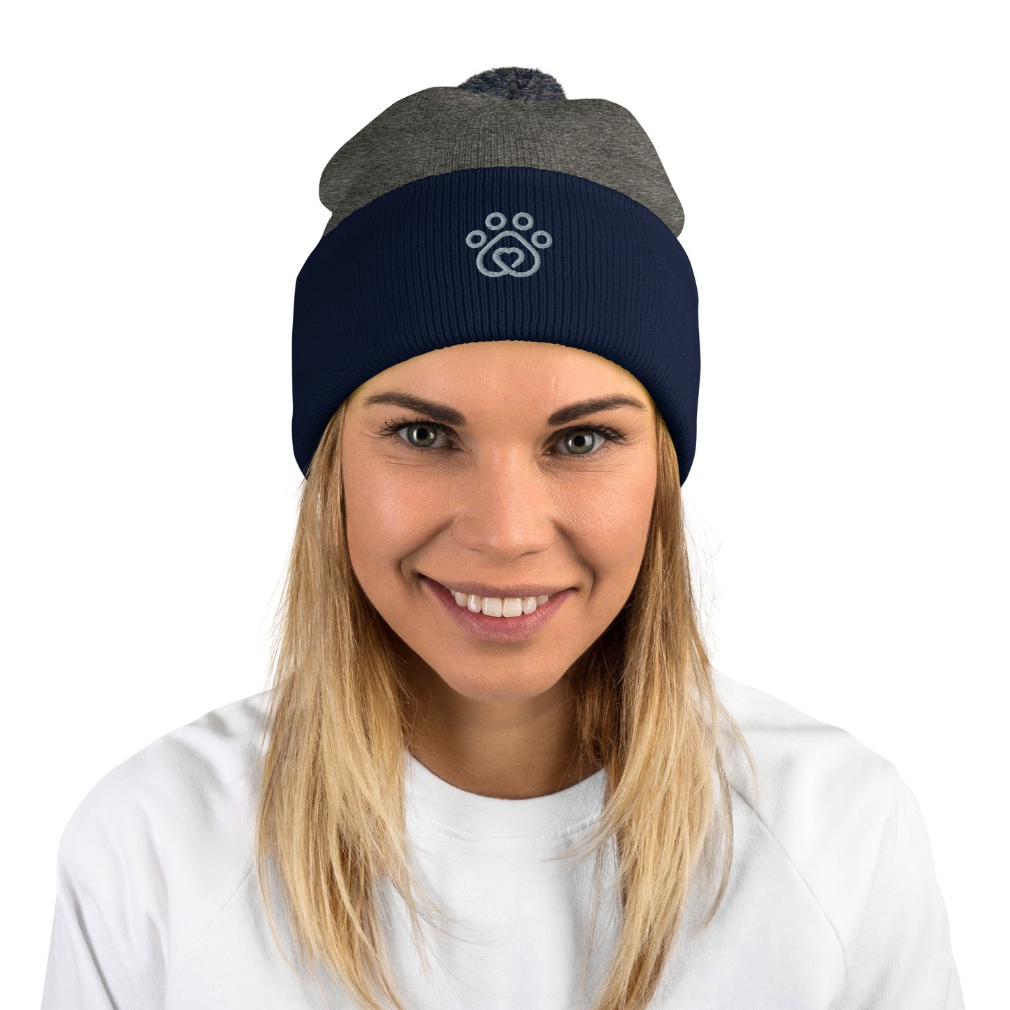 Pawprint Heart Embroidered Pom-Pom Beanie