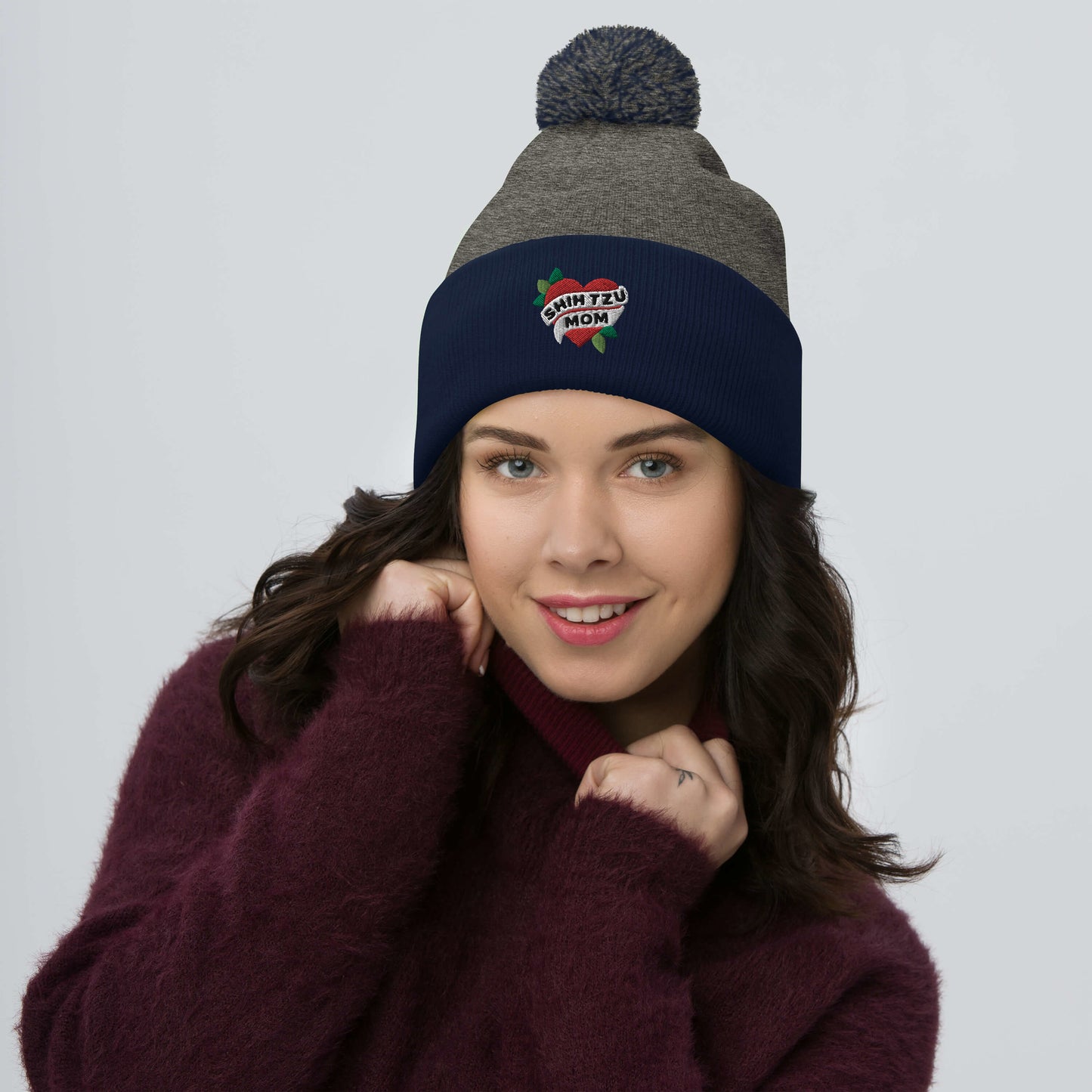 Shih Mom Tattoo Heart Embroidered Pom-Pom Beanie