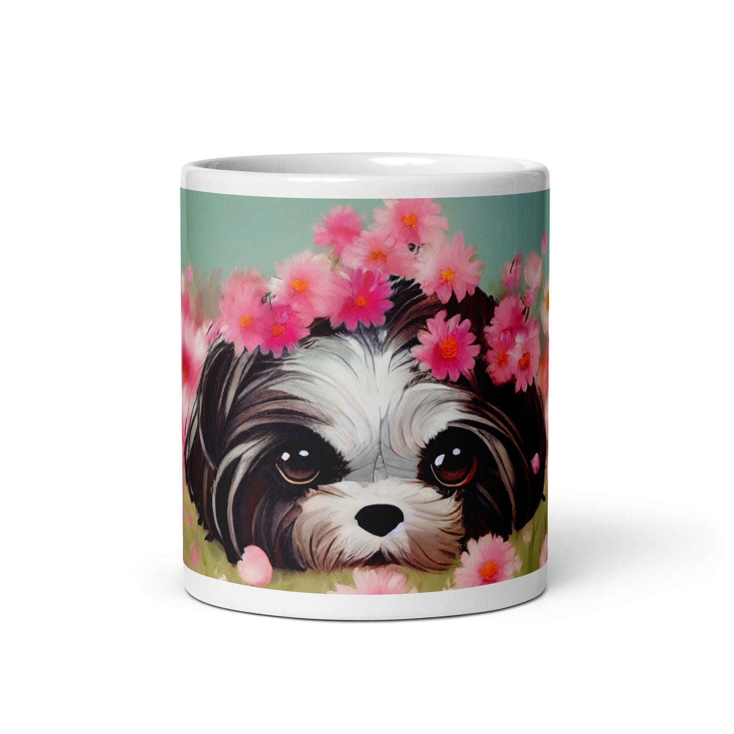 Shih Tzu in Field of Pink Flowers White glossy mug