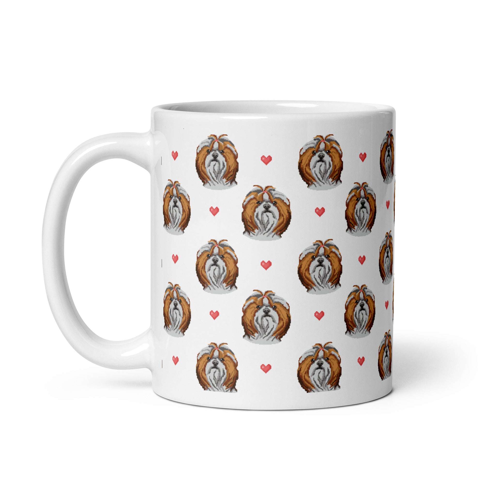 Shih Tzu and Hearts Pixelated 1990's Style White glossy mug