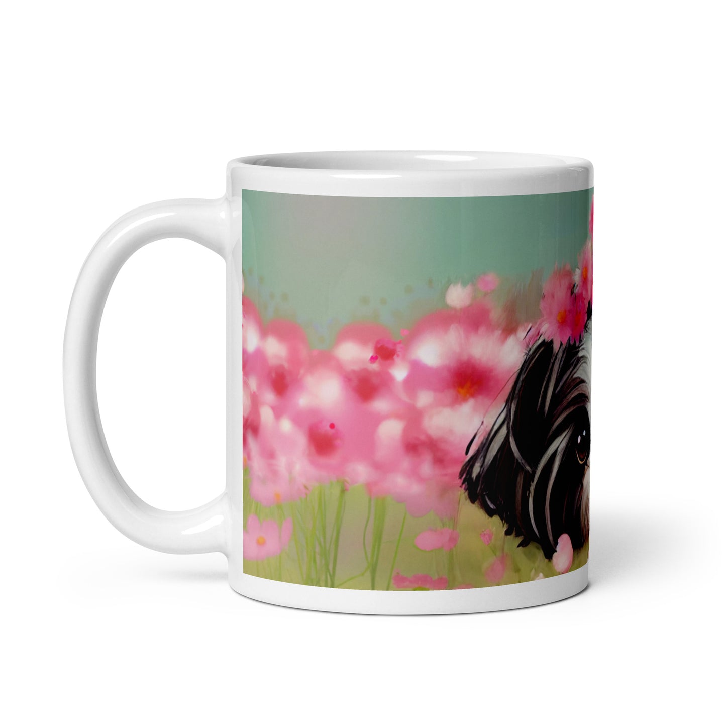 Shih Tzu in Field of Pink Flowers White glossy mug