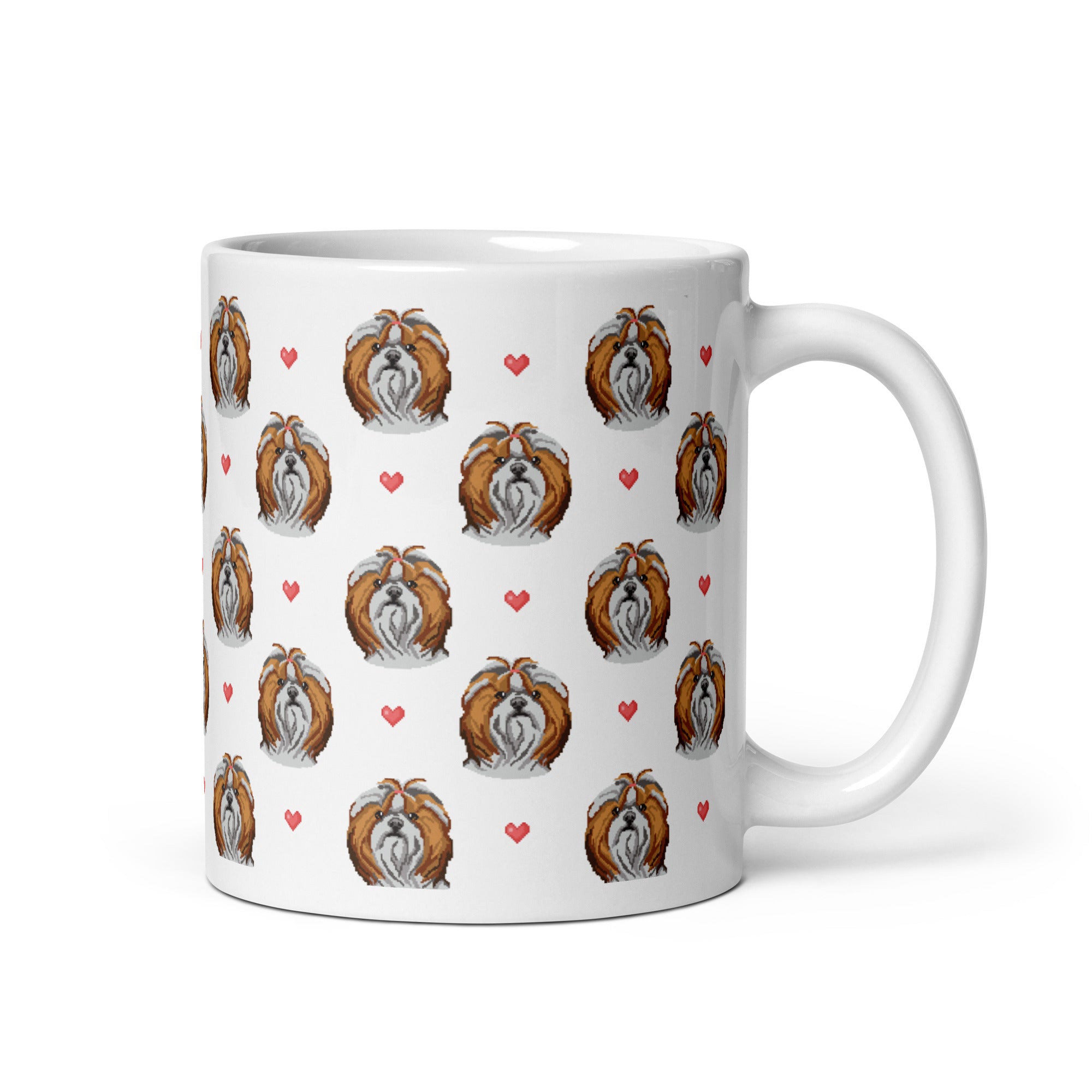 Shih Tzu and Hearts Pixelated 1990's Style White glossy mug