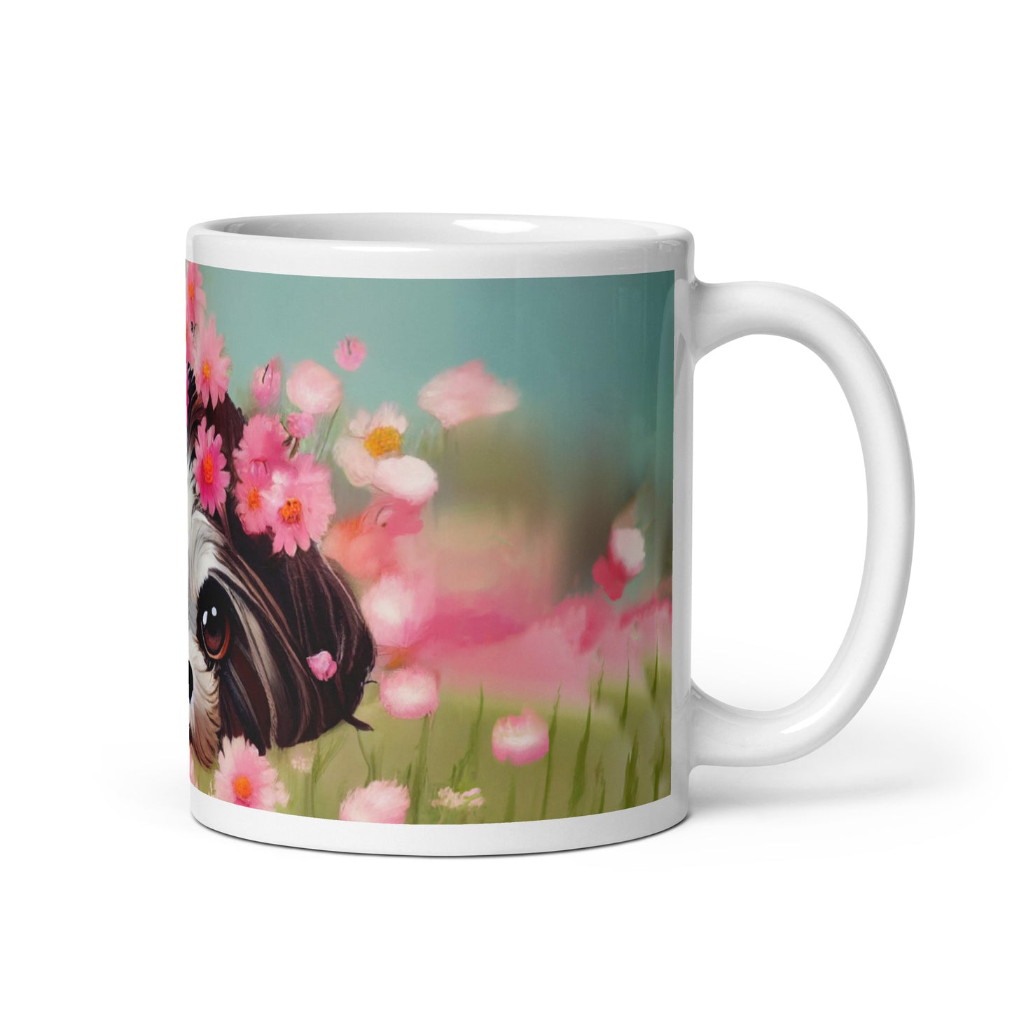 Shih Tzu in Field of Pink Flowers White glossy mug