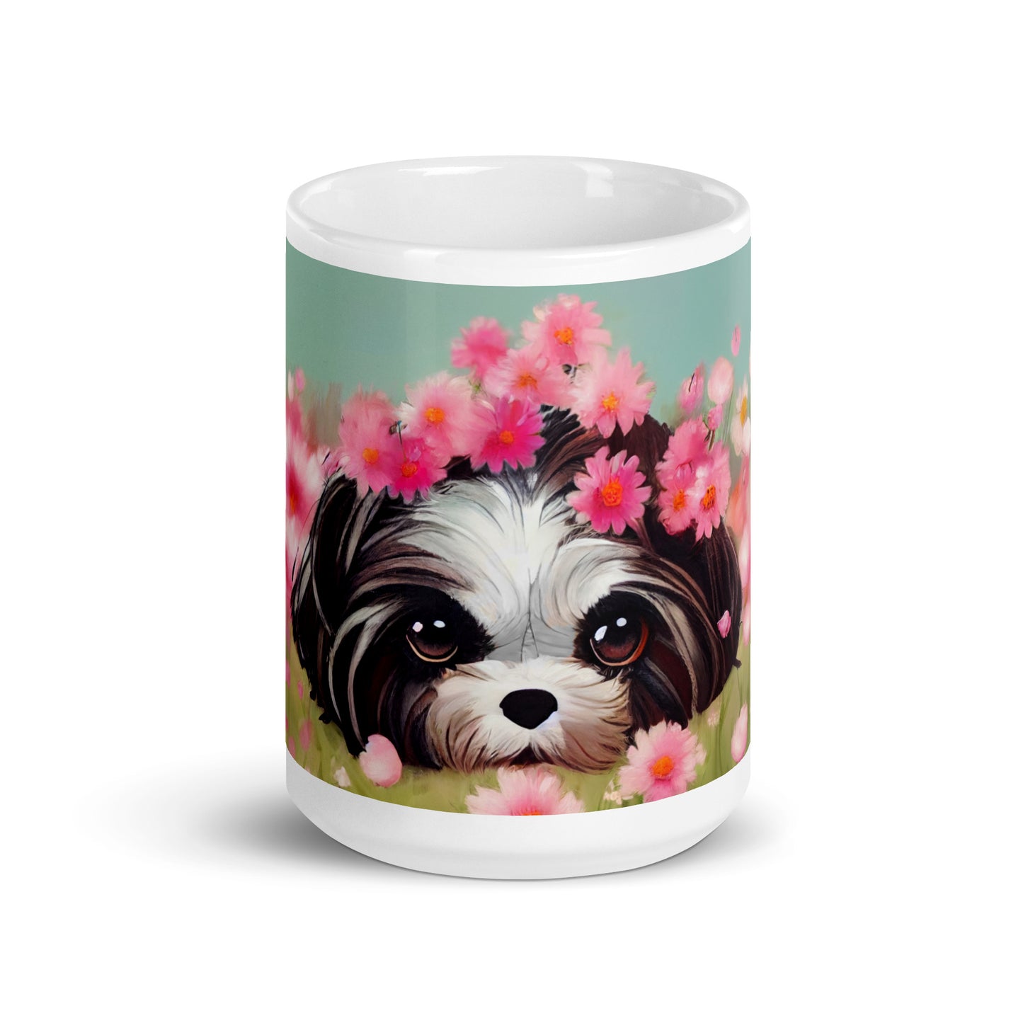 Shih Tzu in Field of Pink Flowers White glossy mug