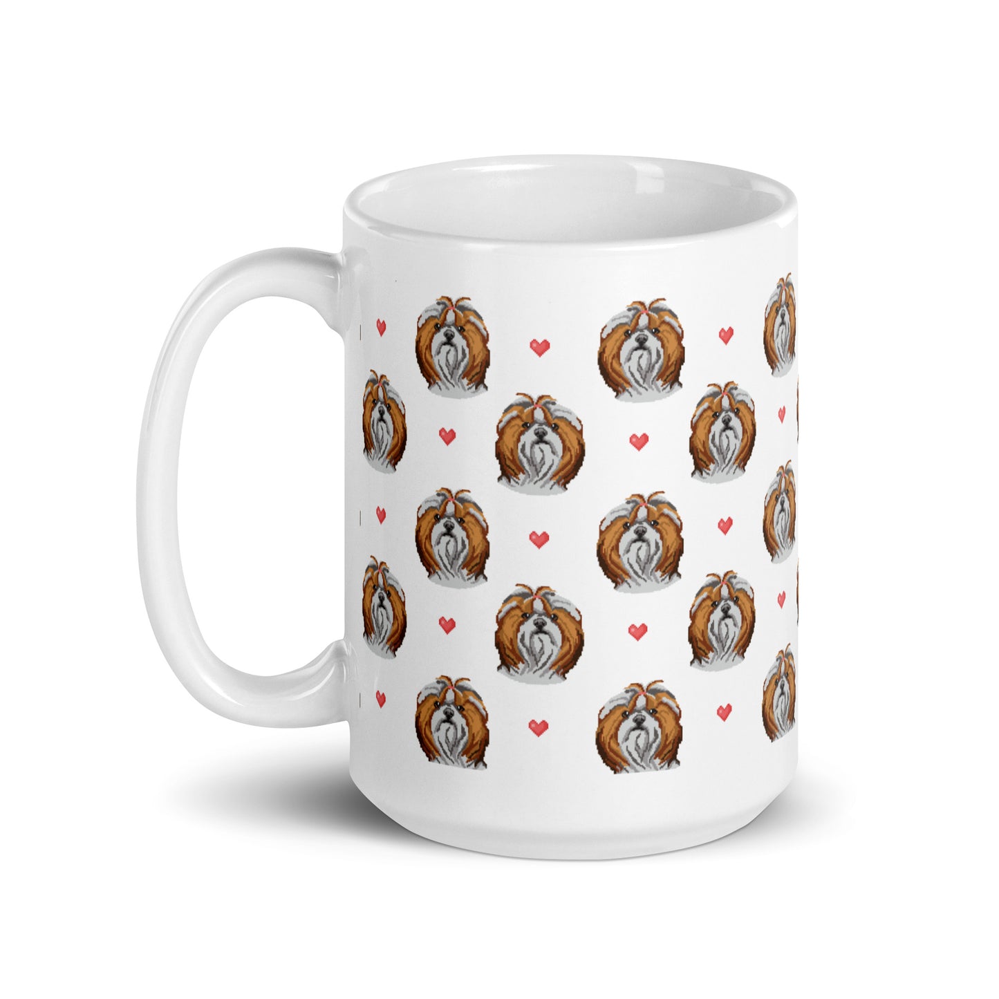 Shih Tzu and Hearts Pixelated 1990's Style White glossy mug