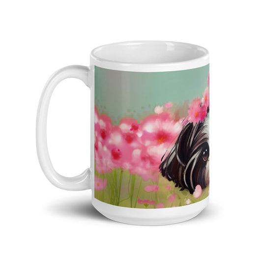 Shih Tzu in Field of Pink Flowers White glossy mug