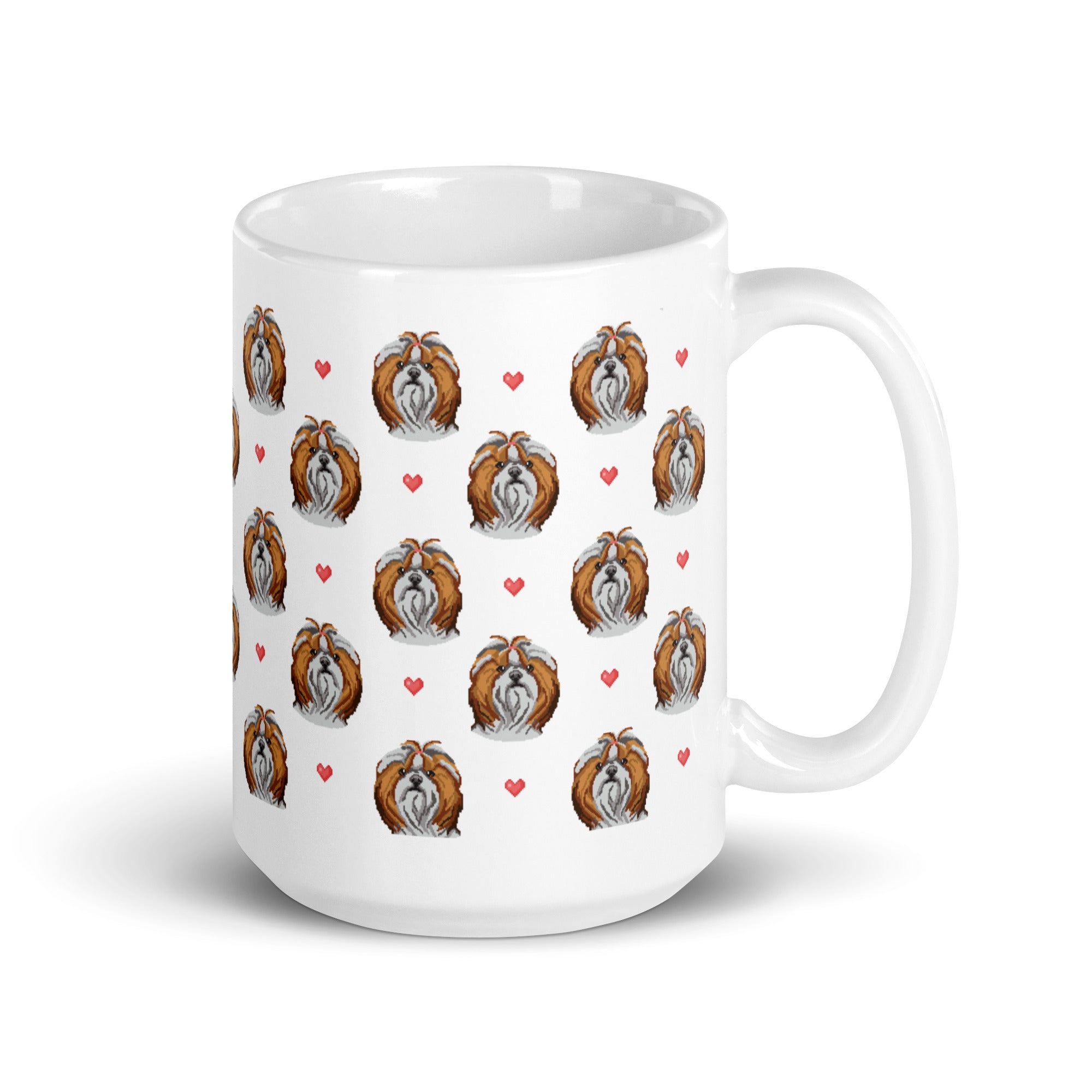 Shih Tzu and Hearts Pixelated 1990's Style White glossy mug