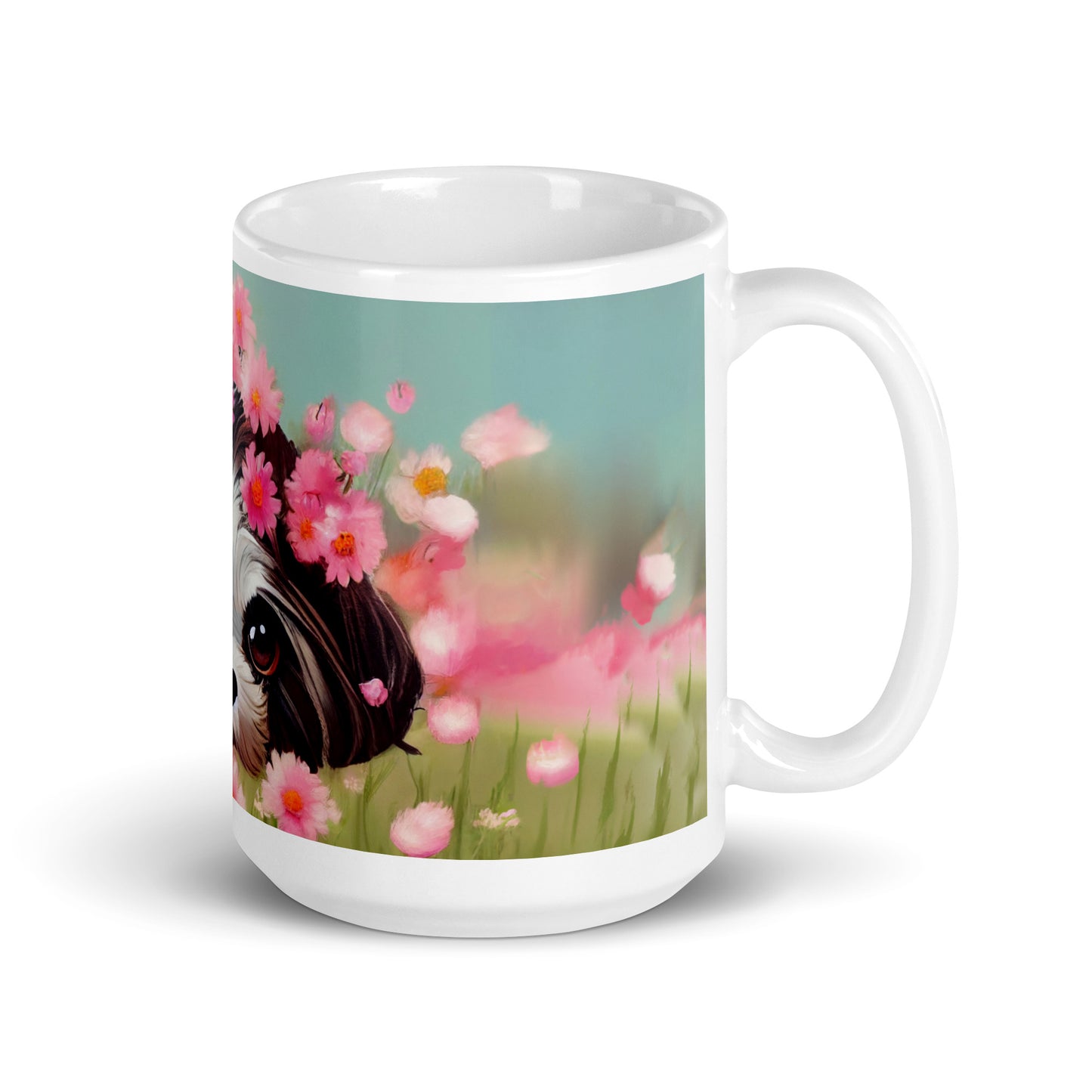 Shih Tzu in Field of Pink Flowers White glossy mug